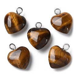 Tiger Eye Natural Tiger Eye Pendants, Heart Charms with Platinum Plated Brass Loops, 14.8~15x12x4.1~4.6mm, Hole: 2mm
