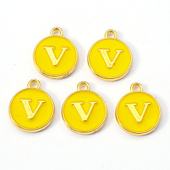 Letter V Golden Plated Alloy Enamel Charms, Enamelled Sequins, Flat Round with Letter, Gold, Letter.V, 14x12x2mm, Hole: 1.5mm