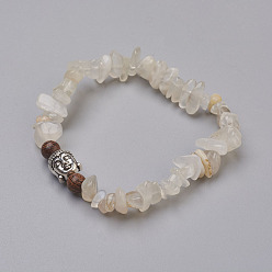 White Moonstone Natural White Moonstone and Wood Beads Stretch Bracelets, with Alloy Findings, Buddha Head and Chip, 1-7/8 inch(4.8cm)