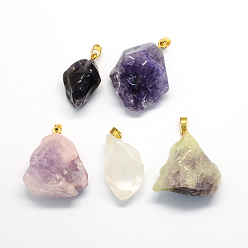 Quartz Crystal Dyed Natural Crystal Pendants with Golden Tone Brass Findings, 32~38x17~32x15~30mm, Hole: 6x5mm