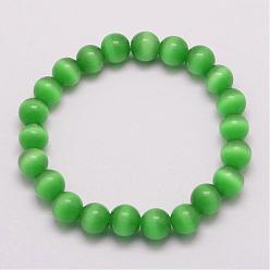 Green Cat Eye Beads Stretch Bracelets, Round, Green, 1-7/8 inch(47mm)