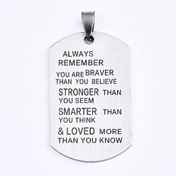 Stainless Steel Color 201 Stainless Steel Quote Pendants, Stamped Dog Tags, Inspirational Gift Jewelry, Rectangle, Laser Cut, Stainless Steel Color, 45x27x1.5mm, Hole: 4x7.5mm