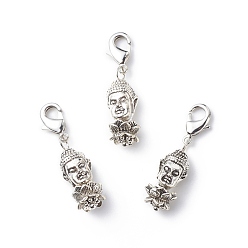 Antique Silver & Platinum Alloy Buddha's Head & Lotus Pendant Decorations, Lobster Clasp Charms, Clip-on Charms, for Keychain, Purse, Backpack Ornament, Stitch Marker, Antique Silver & Platinum, 31mm