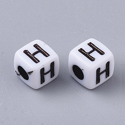 Letter H White Opaque Acrylic Beads, Horizontal Hole, Cube with Black Alphabet, Letter.H, 4~5x4~5x4~5mm, Hole: 1.8mm, about 6470~6500pcs/500g