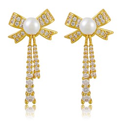 Golden Clear Cubic Zirconia Bowknot Dangle Stud Earrings with Imitation Pearl Beaded, Brass Tassel Earrings for Women, Golden, 32.5x17mm, Pin: 0.7mm