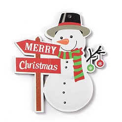 Colorful Christmas Wood Big Pendants, Snowman with Word Merry Christmas, Colorful, 90x80x3.5mm, Hole: 3mm