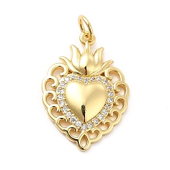 Real 18K Gold Plated Rack Plating Brass Micro Pave Cubic Zirconia Pendants, Sacred Heart Charm, Mexican Milagro Flaming Holy Heart Pendant, Long-Lasting Plated, with Jump Rings, Cadmium Free & Lead Free, Real 18K Gold Plated, 23x16x2.5mm, Hole: 3mm