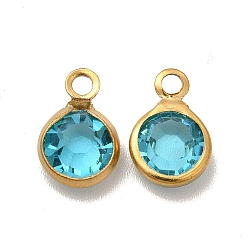 Cyan Ion Plating(IP) 304 Stainless Steel with Glass Charms, Real 18K Gold Plated, Faceted Flat Round, Cyan, 9.5x6.5x2mm, Hole: 1.5mm