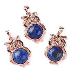 Lapis Lazuli Natural Lapis Lazuli Dyed Pendants, Owl Charms, with Rose Gold Tone Rack Plating Brass Findings, 35x23.5x8~9mm, Hole: 8x5mm