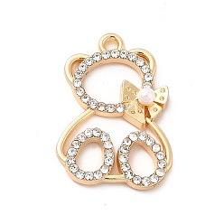 Golden Alloy Crystal Rhinestone Pendants, with ABS Plastic Imitation Pearl Bead, Bear Charms, Golden, 23x16.5x4.3mm, Hole: 1.6mm