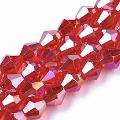 Roja Abalorios de vidrio electrochapa, color de ab chapado, facetados, bicono, rojo, 7.5~8x7.5~8 mm, agujero: 1.5 mm, sobre 40 unidades / cadena, 11.81 pulgada