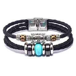 Synthetic Turquoise Leather Multi-strand Bracelets, with Synthetic Turquoise, Synthetic Hematite, Alloy Findings and Stainless Steel Clasps, 8-1/8 inch(20.5cm), 13mm