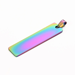 Rainbow Color Revestimiento iónico (ip) 304 colgantes de acero inoxidable, Corte con laser, estampar etiqueta en blanco, Rectángulo, color del arco iris, 48x12x1.4 mm, agujero: 6 mm