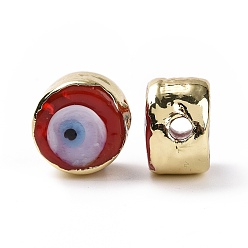 Red Handmade Evil Eye Lampwork Beads, with Golden Tone Brass Findings, Long-Lasting Plated, Cadmium Free & Lead Free, Flat Round, Red, 12.5x8mm, Hole: 2.5mm