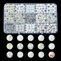 Blanc 375pcs 15 styles de perles acryliques, ronde, blanc, 7.5~8mm, Trou: 1.5~2mm, 25 pcs / style