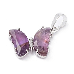 Amethyst Natural Amethyst Pendants, with Rack Plating Platinum Plated Brass Findings, Cadmium Free & Lead Free, Faceted Butterfly Charms, 17x22.5x4mm, Hole: 8x5mm