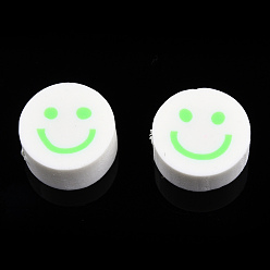 Lime Green Handmade Polymer Clay Beads, Flat Round with Smiling Face, Lime Green, 9~10x4mm, Hole: 1.2~1.6mm