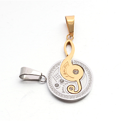 Golden Valentine's Couple Jewelry 304 Stainless Steel Rhinestone Flat Round and Musical Note with Word Love You Pendants, Golden, 28x24x3mm, Hole: 5.5x10.5mm, 12x35.5x3mm, Hole: 5.5x10mm
