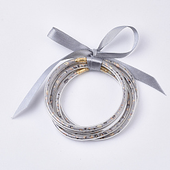 Light Grey PVC Plastic Buddhist Bangle Sets, Jelly Bangles, with PU Leather Cords Inside and Polyester Ribbon, Light Grey, 2-1/2 inch(6.3cm), 5pcs/set