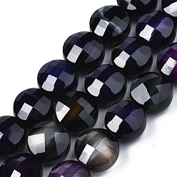 Midnight Blue Natural Agate Beads Strands, Dyed, Faceted, Flat Round, Midnight Blue, 9.5~10.5x9.5~10.5x6~8mm, Hole: 0.7~1.2mm, about 38pcs/strand, 14.37 inch~15.24 inch(36.5cm~38.7cm)