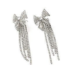 Platinum Crystal Rhinestone & Clear Cubic Zirconia Bowknot Tassel Dangle Stud Earrings, Brass Long Drop Earrings with 925 Sterling Silver Pins for Women, Platinum, 62mm, Pin: 0.8mm