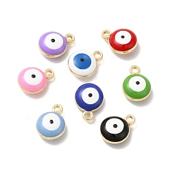 Golden Alloy Enamel Charms, Mixed Color, Flat Round with Evil Eye Charm, Golden, 13x10x6mm, Hole: 1.5mm