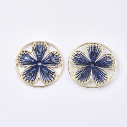 Marine Blue Polyester Thread Woven Pendants, with Glass and Golden Plated Alloy Findings, Long-Lasting Plated, Flower, Marine Blue, 37x4mm, Hole: 2.5mm