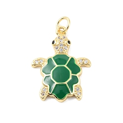 Green Rack Plating Brass Micro Pave Cubic Zirconia Pendants, with Enamel & Jump Ring, Cadmium Free & Lead Free, Long-Lasting Plated, Real 18K Gold Plated, Sea Turtle Charm, Green, 22.5x17x3mm, Hole: 3.2mm
