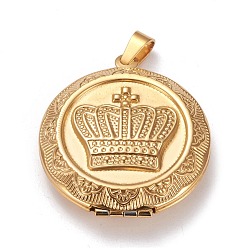 Oro 304 colgantes medallón de acero inoxidable, encantos marco de la foto para los collares, plano y redondo con la corona, dorado, 35.5x31.5x9 mm, agujero: 3x7 mm, diámetro interior: 23 mm