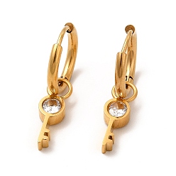 Oro Aretes colgantes de aro con llave de esqueleto de diamantes de imitación de cristal, chapado al vacío 304 joyería de acero inoxidable para mujer, dorado, 27 mm, pin: 0.9 mm