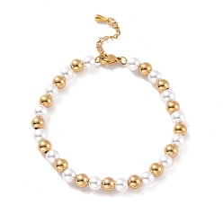 Oro Chapado al vacío 201 pulsera de cuentas redondas de perlas de acero inoxidable y plástico para mujer, dorado, 7-1/8 pulgada (18 cm)