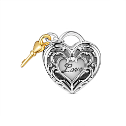 Platinum & Golden TINYSAND 925Sterling Silver European Beads, Lock Key Dangle Heart Photo Charms, Platinum & Golden, 11.19x12.68x7.7mm, Hole: 4.69mm