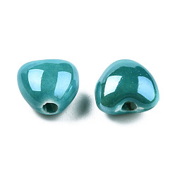 Dark Turquoise Pearlized Handmade Porcelain Beads, Heart, Dark Turquoise, 10x10x7mm, Hole: 1.8mm
