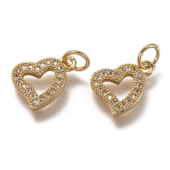 Golden Brass Micro Pave Clear Cubic Zirconia Charms, Cadmium Free & Lead Free, Long-Lasting Plated, Heart, Golden, 9x12x2mm, Hole: 3mm