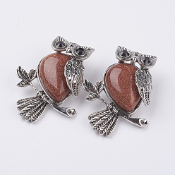 Goldstone Synthetic Goldstone Pendants, with Alloy Finding, Owl, Antique Silver, 46.5x35.5x11.5mm, Hole: 6x8.5mm