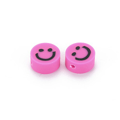 Rosa Oscura Abalorios de la arcilla de polímero hechos a mano, plano y redondo con la cara sonriente, de color rosa oscuro, 8~9x4 mm, agujero: 1.5 mm