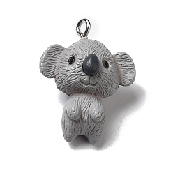 Gris Pendentifs animaux en résine opaque, breloques koala avec boucles en fer plaqué platine, grises , 25.5x20x14mm, Trou: 2mm