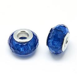 Bleu Résine perles européennes, Perles avec un grand trou   , avec des noyaux de laiton de ton argent, facette, rondelle, Perles avec un grand trou   , bleu, 13.5~14.5x9mm, Trou: 5mm