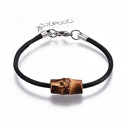 Black Cowhide Leather Cord Bracelets, with 304 Stainless Steel Finding, Natural Bodhi Beads, Black, 7-1/2 inch(19cm), 3mm