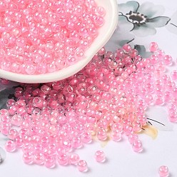 Pink Glass Seed Beads, Inside Colours Lustered, Round, Pink, 4x3mm, Hole: 1.4mm, about 7650pcs/pound