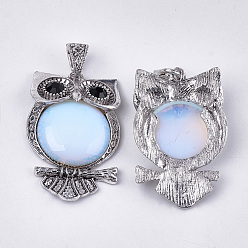 Opalite Opalite Big Pendants, with Rhinestone and Alloy Findings, Owl, Antique Silver, 50x32x9.5~10mm, Hole: 4.5x9mm