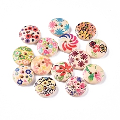 Color mezclado 2 hoyos de botones de madera impresos, para coser manualidades, redondo plano con patrón de flores mixtas, teñido, color mezclado, 14.5~15x4 mm, agujero: 2 mm