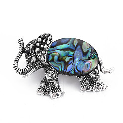 Colorful Elephant Alloy Rhinestone Brooch, Natural Paua Shell Lapel Pin with Loop for Backpack Clothes Pendant Jewelry, Cadmium Free & Lead Free, Antique Silver, Colorful, 29x46x14mm, Hole: 7x4mm, Pin: 0.7mm