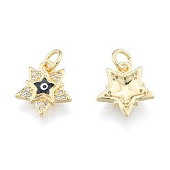 Black Brass Micro Pave Clear Cubic Zirconia Charms, with Enamel and Jump Rings, Real 18K Gold Plated, Nickel Free, Star with Evil Eye, Black, 13x11.5x2.5mm, Jump Ring: 5mm in diameter, 1mm thick, 3mm thick