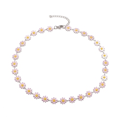 Pink Enamel Daisy Link Chain Necklace, Vacuum Plating 304 Stainless Steel Jewelry for Women, Stainless Steel Color, Pink, 16.3 inch(41.5cm)