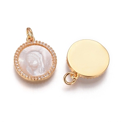Golden Brass Pendants, with Micro Pave Cubic Zirconia, Shell and Jump Rings, Flat Round with Virgin Mary, Clear, Golden, 18x15x3mm, Hole: 3mm