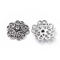 Antique Silver Tibetan Style Alloy Bead Caps, Flower, 5-Petal, Lead Free and Nickel Free and Cadmium Free, Antique Silver, 18x4mm, Hole: 1.5mm