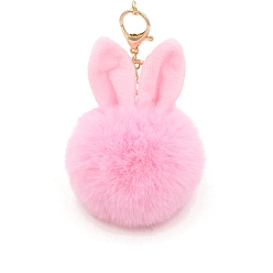 Pearl Pink Easter Rabbit Faux Fluffy Ball Pendant Keychains, with Alloy Finding, Pearl Pink, 90~100mm