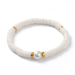 White Handmade Polymer Clay Heishi Beads Stretch Bracelets, with Brass Spacer Beads and Round Glass Pearl Beads, White, Inner Diameter: 2-1/8 inch(5.5cm)