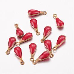 Red Antique Golden Plated Brass Enamel Teardrop Charms, Enamelled Sequins, Red, 11x4x3mm, Hole: 1mm